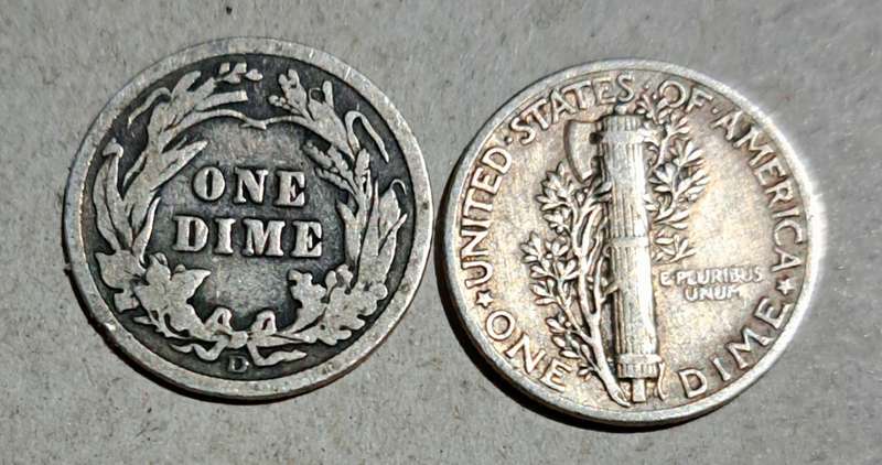 USA : 2 Silver Library Mercury Dimes. " 1914 & 1941 " Silver coins "