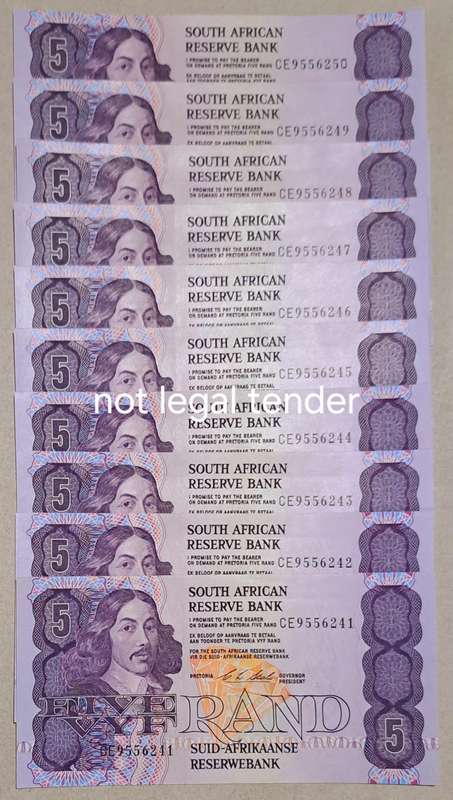 10 S.A. Five Rand Bank Notes " CL Stals " In Serail Number Sequence CE9556241 to GE9556250 UNC NOTES