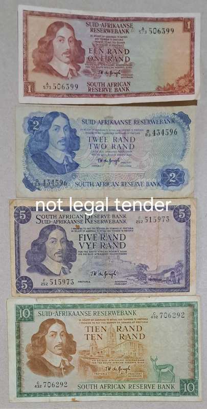 Complete Set " TW de Jongh " Jan van Riebeeck Banknotes "R10  to R1" with WTM.