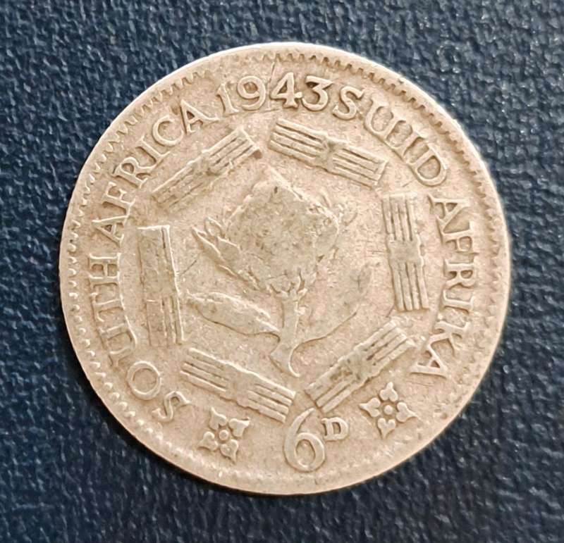 1943 South Africa Silver SixPence Coin