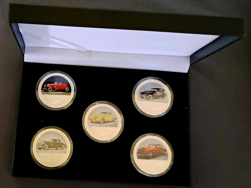 5 pcs Classic Car's Silver Plated Vintage Car Designs  Coins New in Box