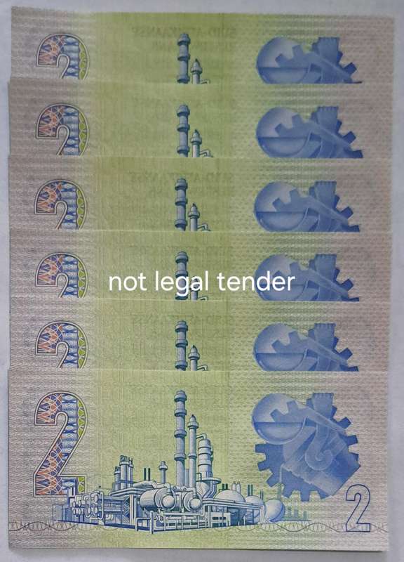 S.A. 6 Two Rand Bank Notes in Serail Number Sequence GL5809215 to GL5809220 New  UNC Notes.