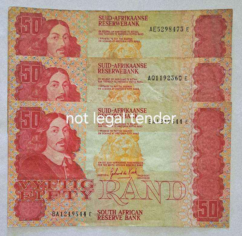 South Africa 3 Fifty Rand Bank Notes " GPC de Kock "