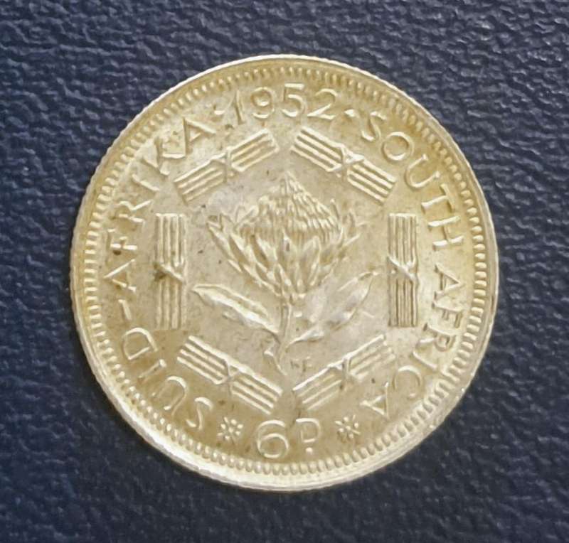 1952 S.A. Sixpence Silver Coin.