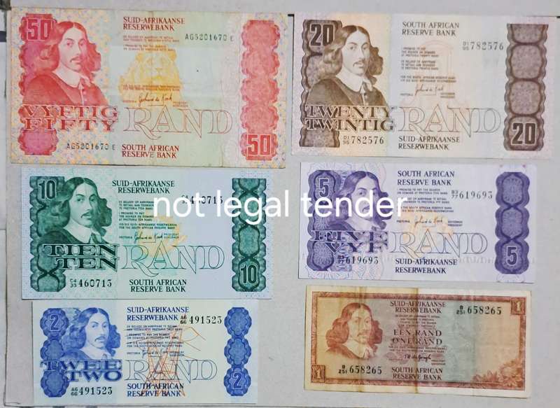 South Africa Set of 6 Bank Notes  " R50  to R1 "  Set 017 B " R1 de Jongh "