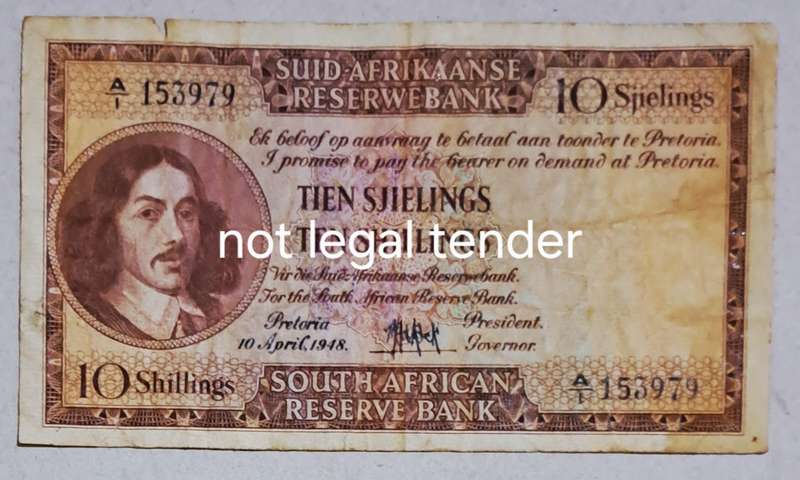 Union of South Africa Ten Shillings Bank Note of "10 April 1948".
