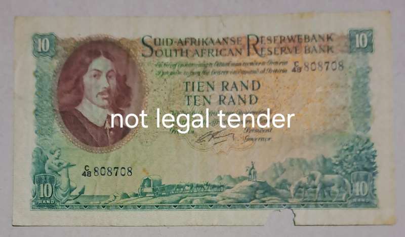 Union of South Africa Ten Rand Bank Note. "G RISSIK " C48-808708