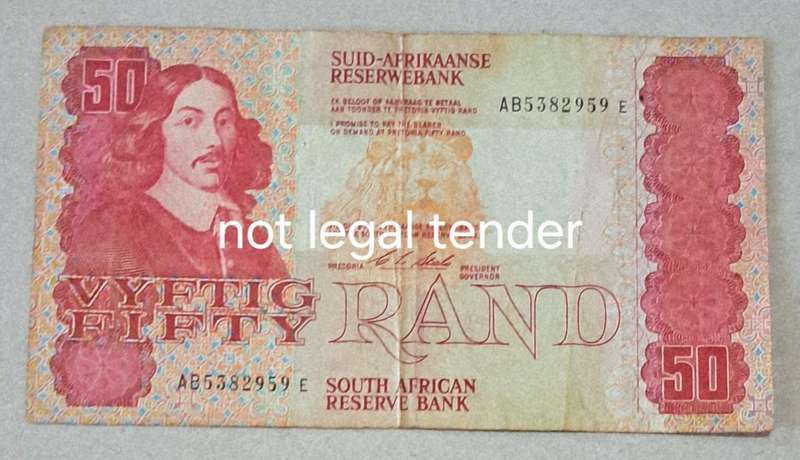 South Africa Fifty Rand Bank Note "CL Stals" AB 5382959 E.