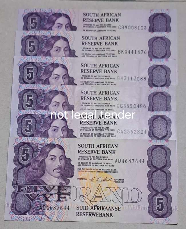 5 South Africa  Five Rand Bank Notes "CLStals"