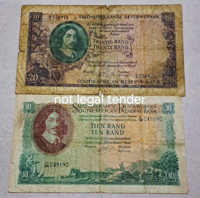 Union of South Africa Twenty Rand & Ten Rand Bank Notes. Old Notes