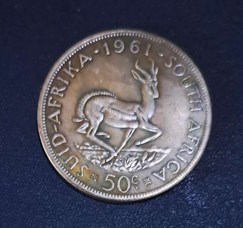South Africa 1961 Fifty Cent Commemorative Coin." A "
