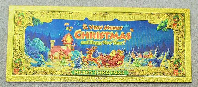 USA "A Very Merry Christmas and Happy New-Year" 2 Dollars Christmas Note. 24K Gold Plated "Excellent