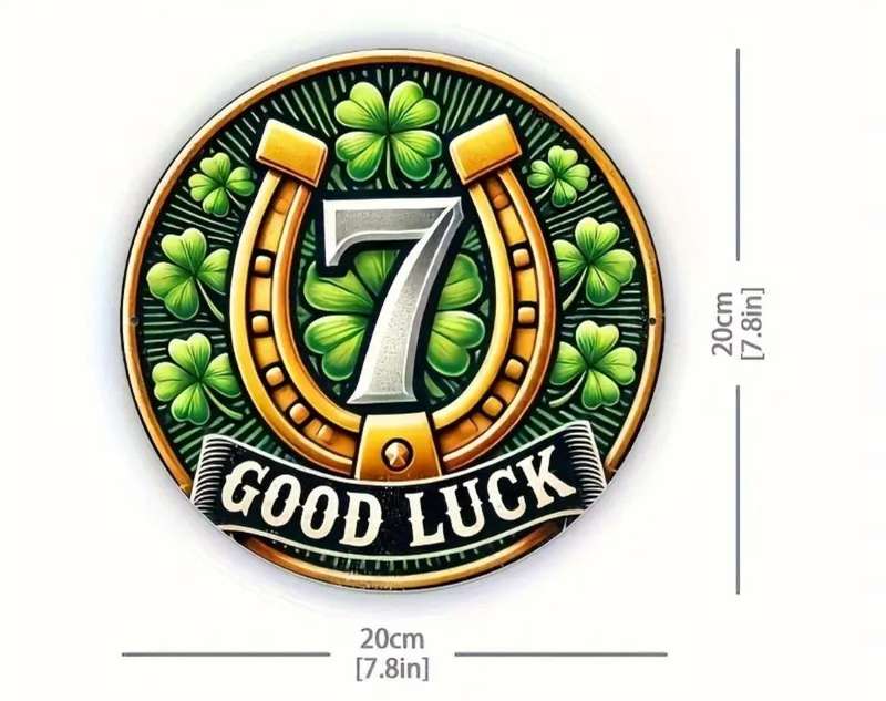 Good Luck Charm Round Iron Sign 20×20cm, Shiny Golden Finish with Clover Leaves & Horseshoe Design.