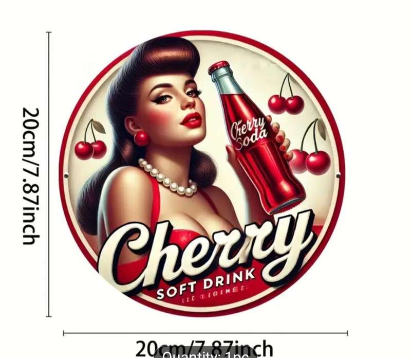 Retro Cherry Soda Wooden Sign, 7'87 Round Vintage Art Decor.Easy-to-Hang Wall Plaque. 20×20cm