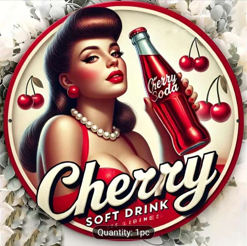 Retro Cherry Soda Wooden Sign, 7'87 Round Vintage Art Decor.Easy-to-Hang Wall Plaque. 20×20cm