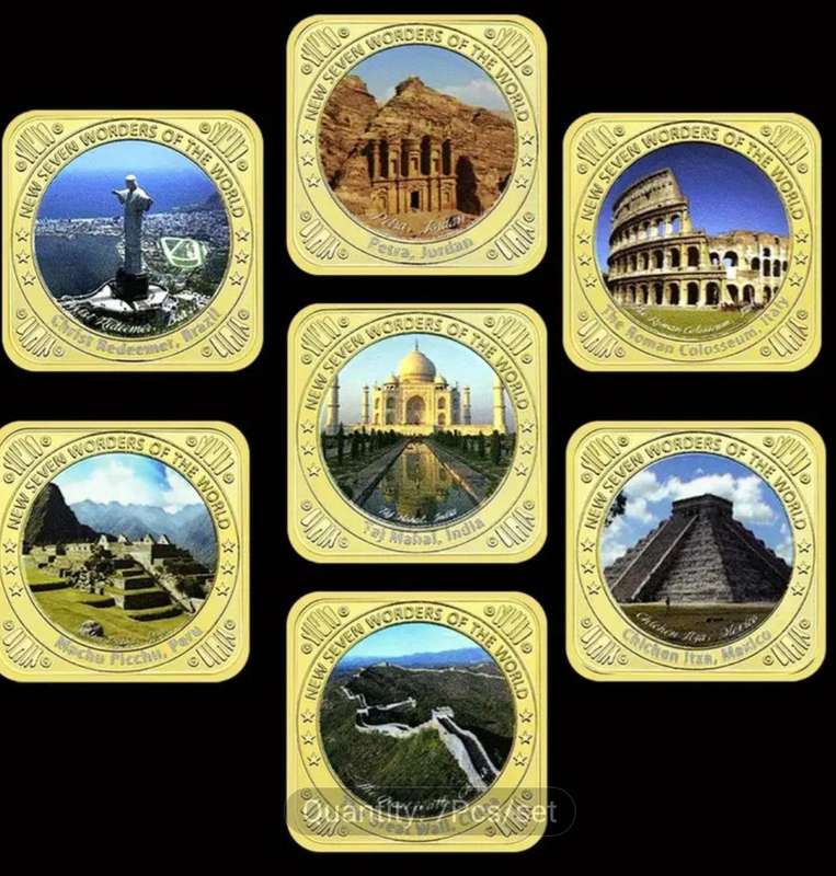 2007 New Seven Wonders of The World Gold Plated "Gold Challenge " Coin Set.  New in Capsule