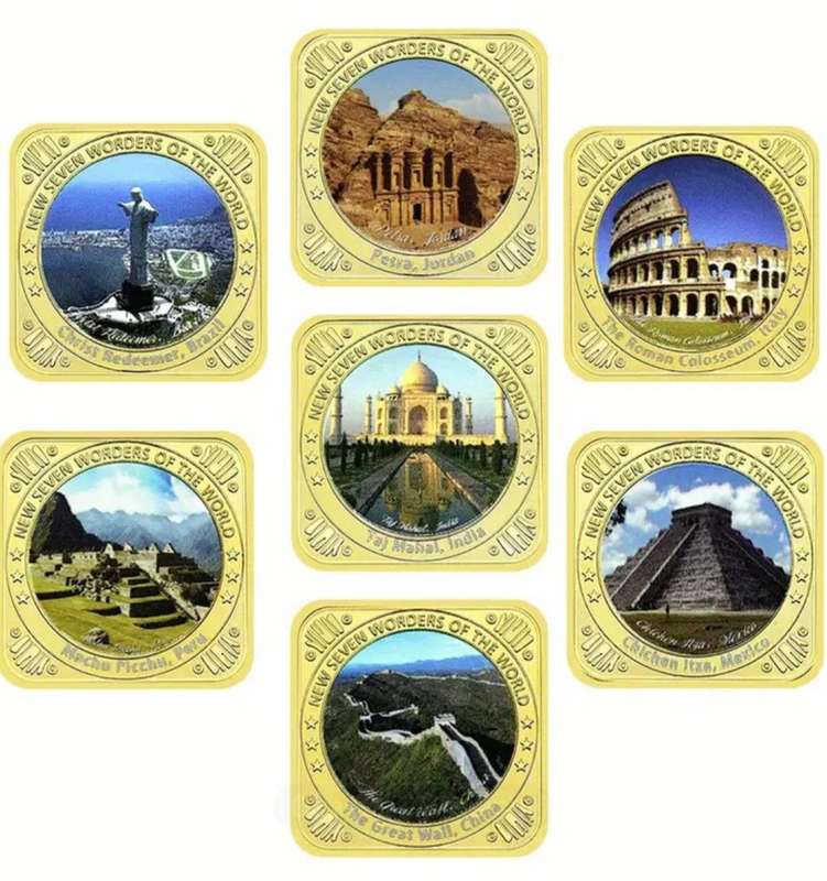 2007 New Seven Wonders of The World Gold Plated "Gold Challenge " Coin Set.  New in Capsule