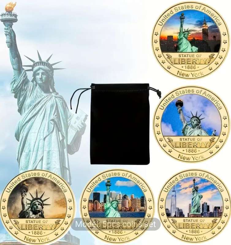 5 Statue of Liberty American Iconic Landmark Coin Set in Capsule & Black Velvet Pouch"Crown Size"