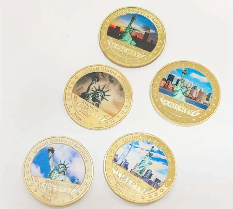 5 Statue of Liberty American Iconic Landmark Coin Set in Capsule & Black Velvet Pouch"Crown Size"