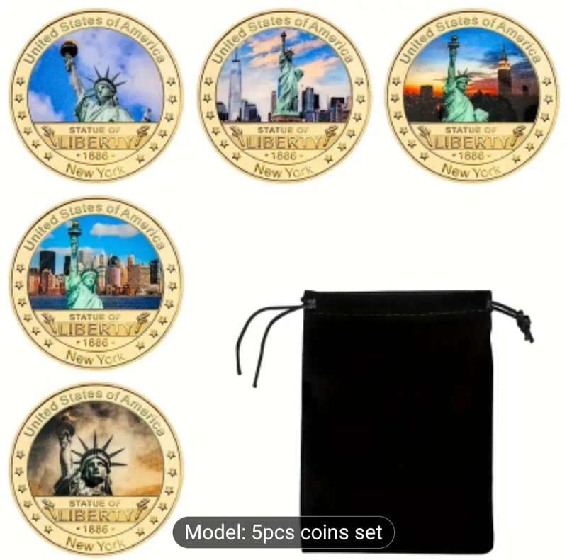5 Statue of Liberty American Iconic Landmark Coin Set in Capsule & Black Velvet Pouch"Crown Size"