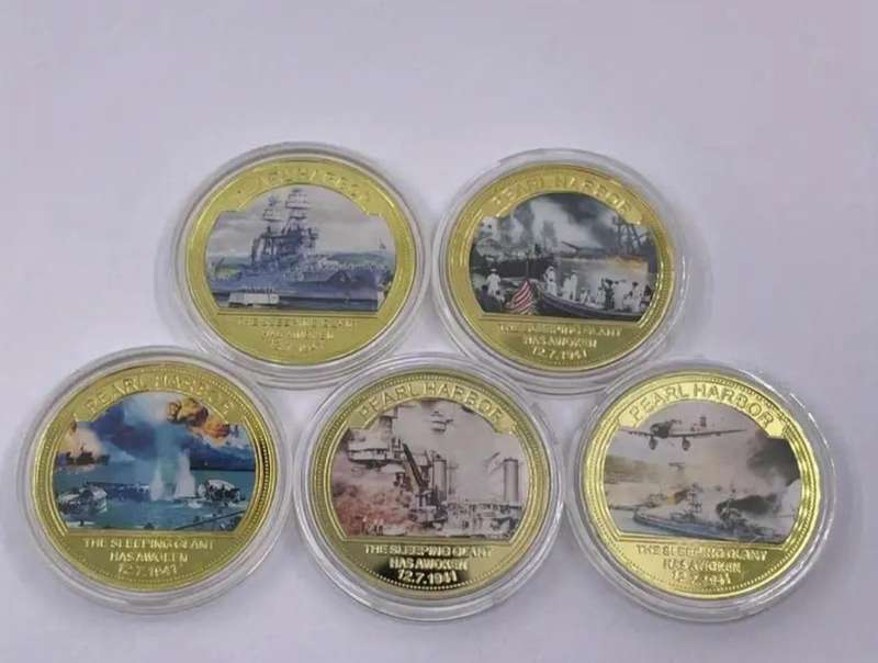 Five Pearl Harbour incident Gold Plated Coin Set  New in Capsule "Crown Size coins "