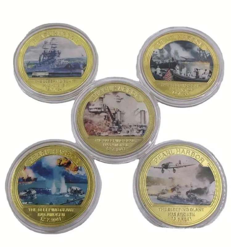 Five Pearl Harbour incident Gold Plated Coin Set  New in Capsule "Crown Size coins "