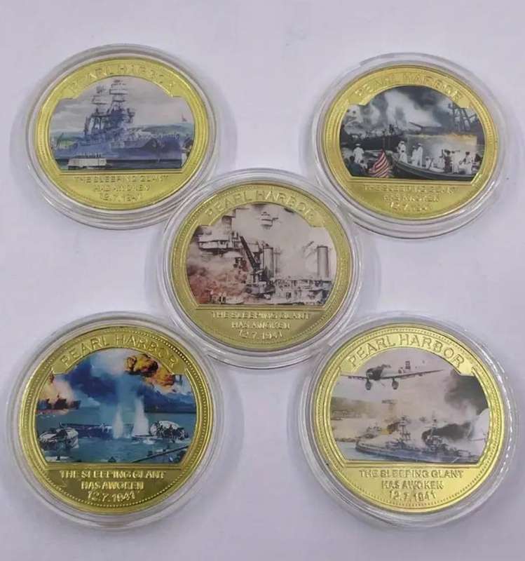 Five Pearl Harbour incident Gold Plated Coin Set  New in Capsule "Crown Size coins "