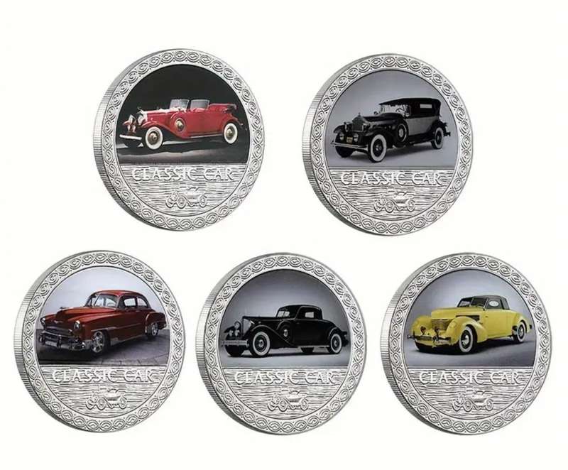 5 pcs Classic Car's Silver Plated Vintage Car Designs  Coins New in Box