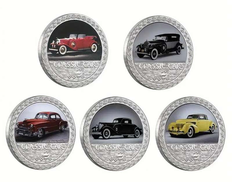 5 pcs Classic Car's Silver Plated Vintage Car Designs  Coins New in Box