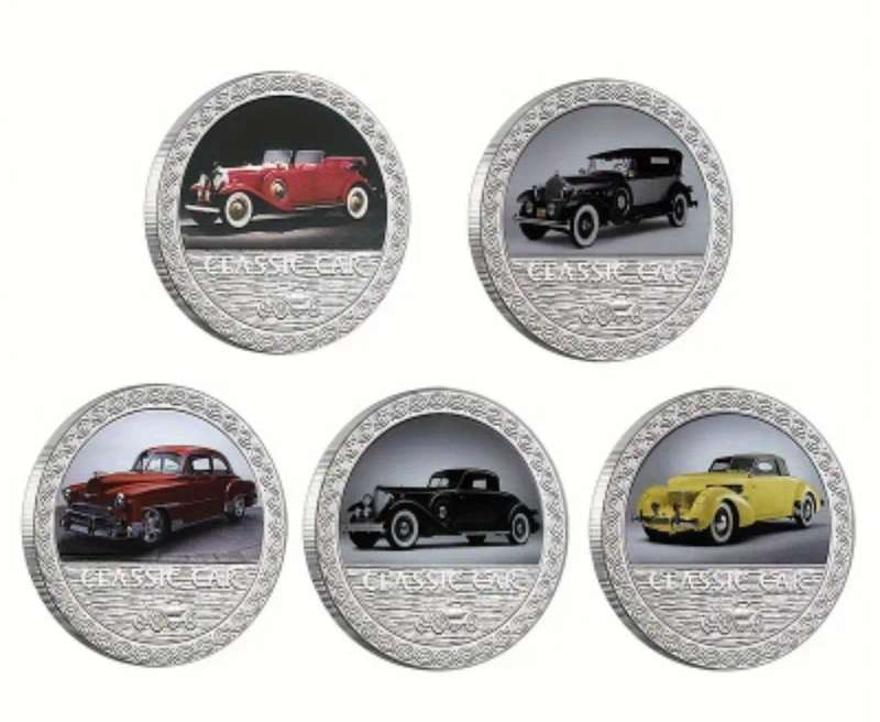 5 pcs Classic Car's Silver Plated Vintage Car Designs  Coins New in Box