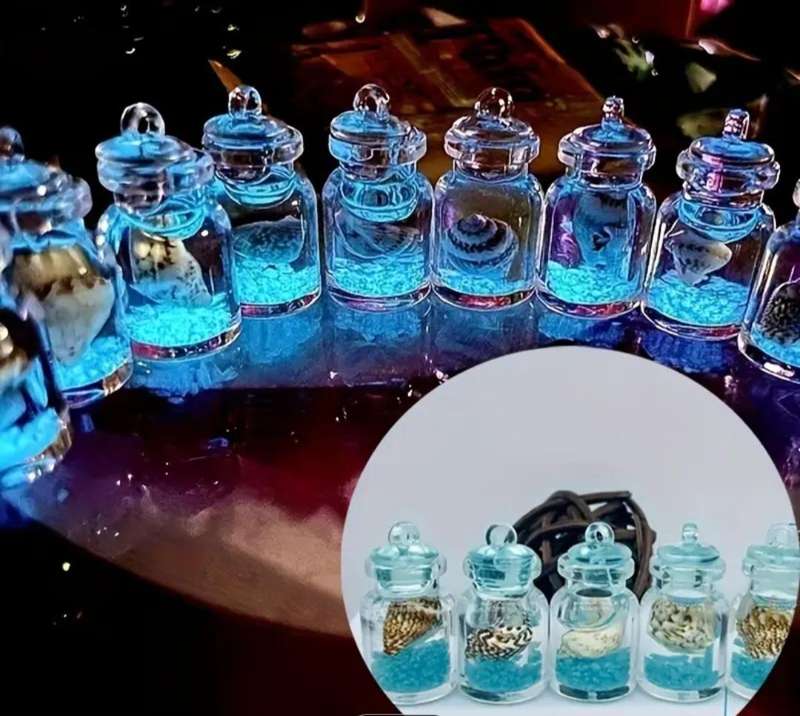 11pc's Glow-in-the-Dark Transparent Resin Wish Bottles Glittery Sand & Seashells " Mini Size "