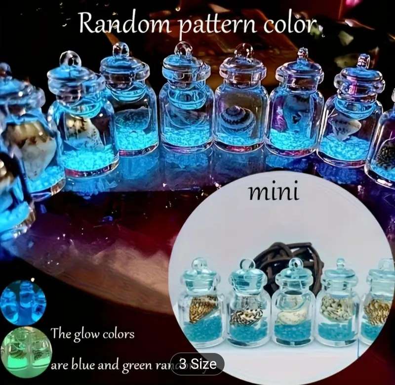 11pc's Glow-in-the-Dark Transparent Resin Wish Bottles Glittery Sand & Seashells " Mini Size "