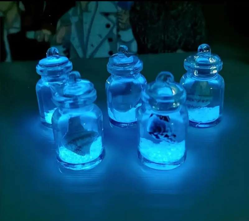 11pc's Glow-in-the-Dark Transparent Resin Wish Bottles Glittery Sand & Seashells " Mini Size "