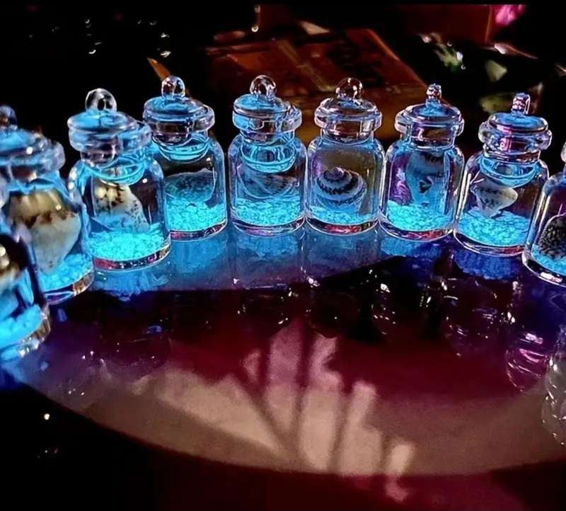 11pc's Glow-in-the-Dark Transparent Resin Wish Bottles Glittery Sand & Seashells " Mini Size "