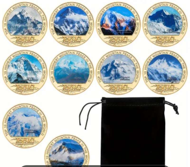 10 pc's World's "Top 10" Highest Peaks Coin Set New .& Velvet Pouch.
