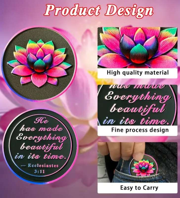 Laser Lotus Coin. Encourages Acceptance of Life's Moments & Challenges,Symbolizes Growth & Transform