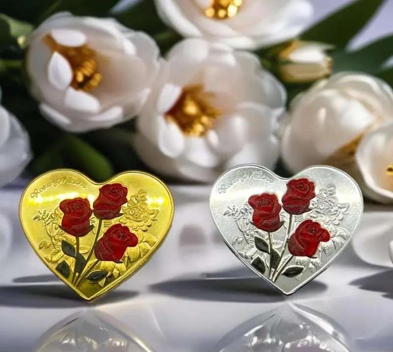 2pc's Romantic Commemorative Heart Shape Coins with Roses New in Capsule's.