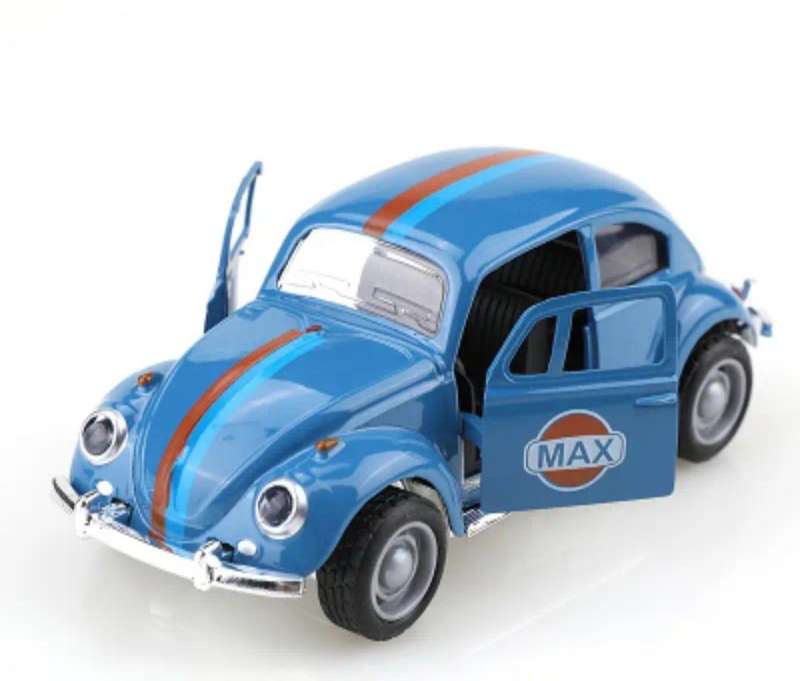 Glassic Vintage 1:38 Die-Cast Car. Pull Back Friction Racing VW Beatle."Light-Blue"