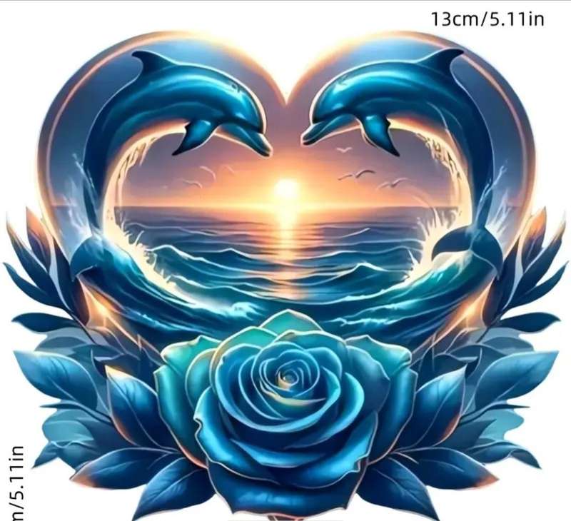 Vibrant Dolphins & Rose Heart -Shaped Vinyl Decal Sticker "Waterproof "