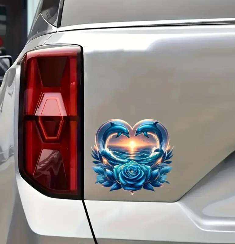 Vibrant Dolphins & Rose Heart -Shaped Vinyl Decal Sticker "Waterproof "
