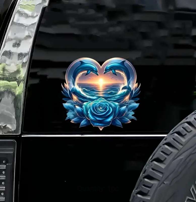 Vibrant Dolphins & Rose Heart -Shaped Vinyl Decal Sticker "Waterproof "