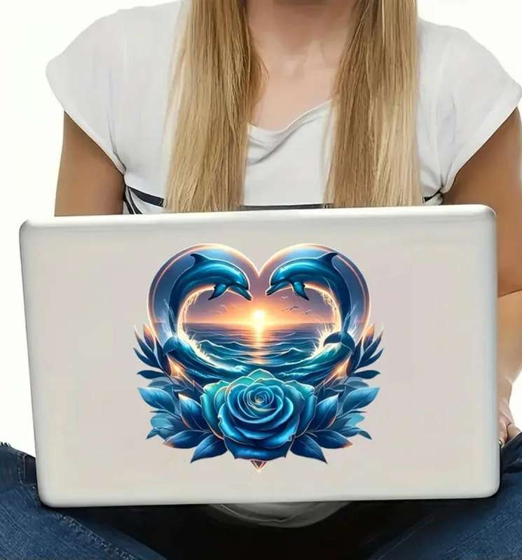 Vibrant Dolphins & Rose Heart -Shaped Vinyl Decal Sticker "Waterproof "