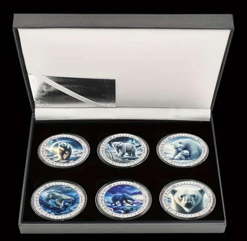 Rare Animals 6 Polar Bear Silvery Plated Commemorative Coin Set in Display Box.  "Excelled"