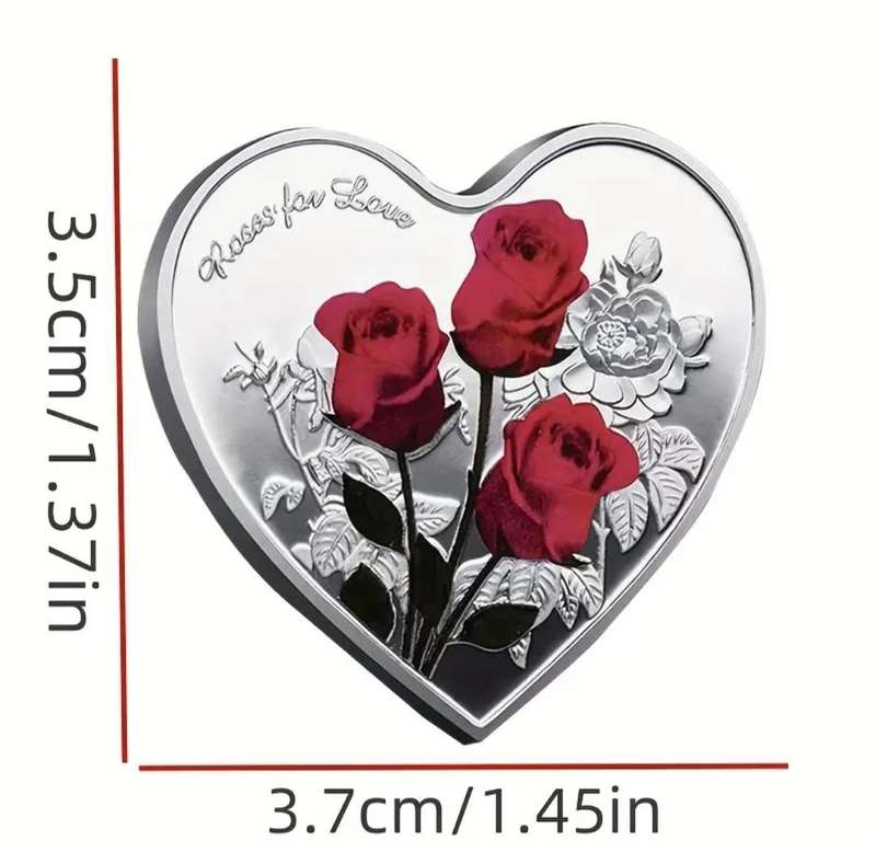 2pc's Silver Plated Romantic Commemorative Heart Shape Coins with Roses New in Capsule's."A"
