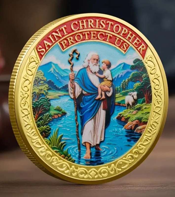 Saint Christopher Protect Us. Gold Plated Commemorative Coin New in Capsule. 40mm
