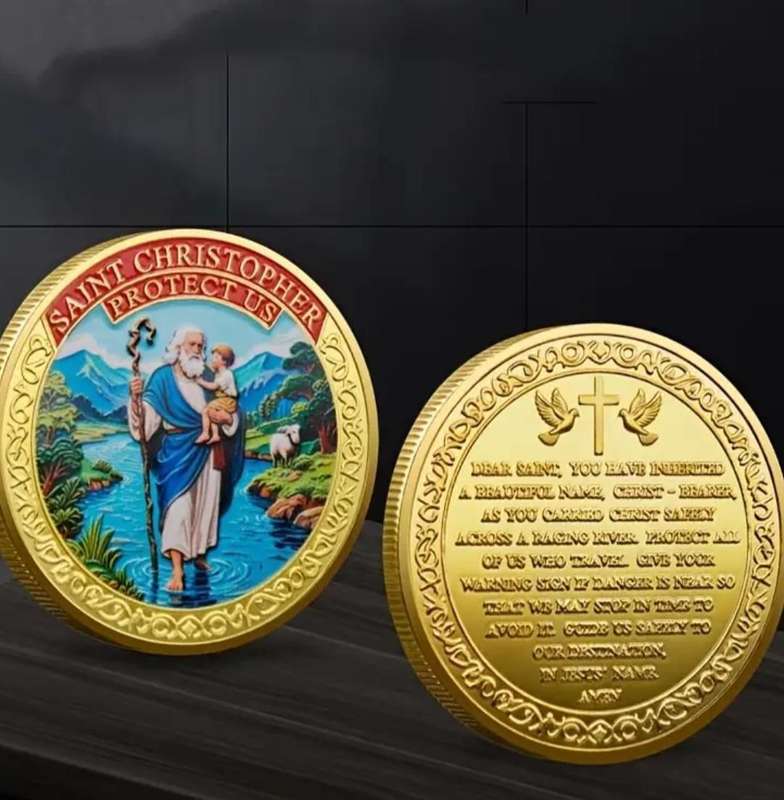 Saint Christopher Protect Us. Gold Plated Commemorative Coin New in Capsule. 40mm