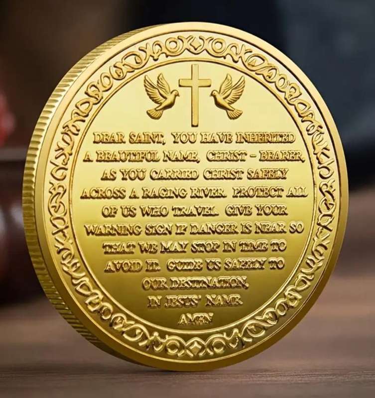 Saint Christopher Protect Us. Gold Plated Commemorative Coin New in Capsule. 40mm