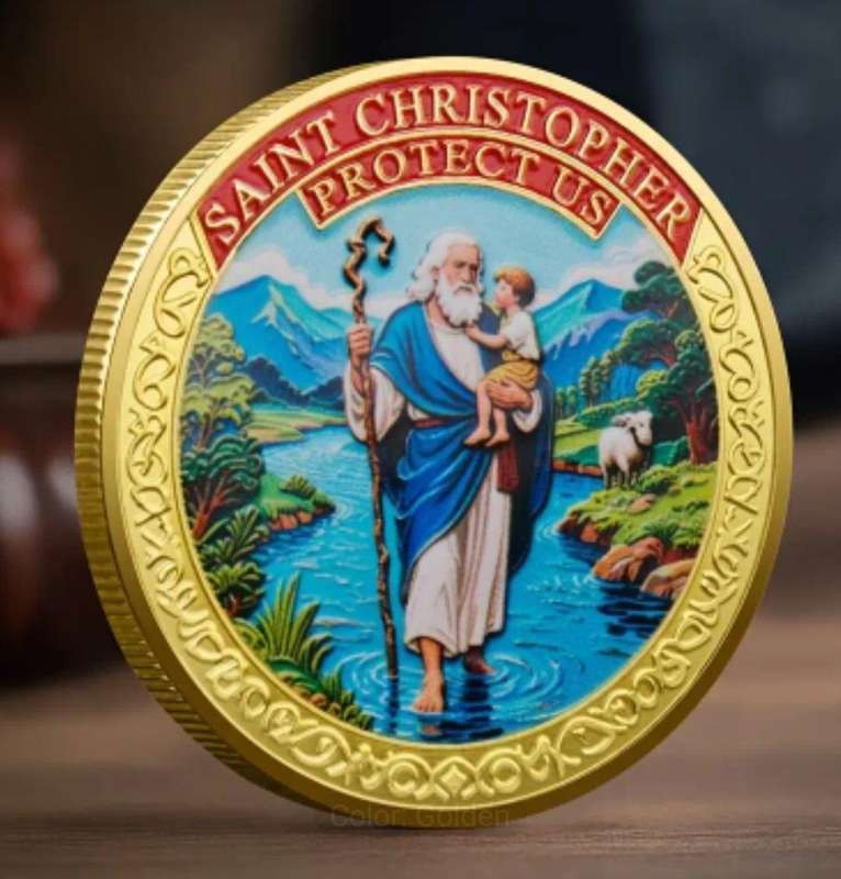 Saint Christopher Protect Us. Gold Plated Commemorative Coin New in Capsule. 40mm