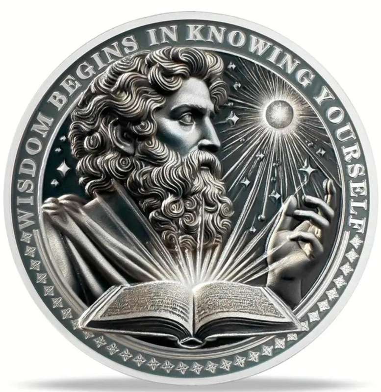 Amor Fati  Wisdom Begins in Knowing Yourself Silver Plated Commemorative Coin New in Capsule. Great