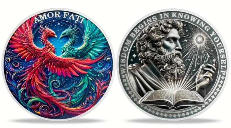 Amor Fati  Wisdom Begins in Knowing Yourself Silver Plated Commemorative Coin New in Capsule. Great